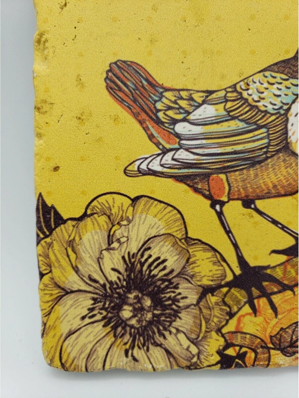 Vintage PPD Tile Trivet Bird Sparrow Flowers Golden Yellow Rustic Ceramic